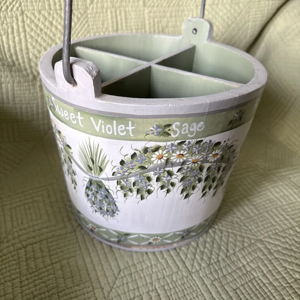 Wood Herb Kitchen Utensil Caddy Basket 4 Compartment Rosemary Dill Farmhouse Vtg